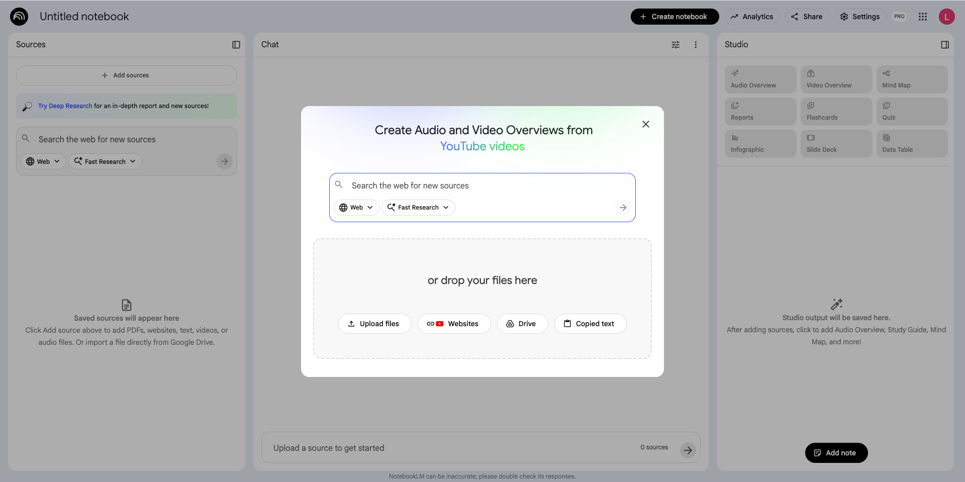 NotebookLM Interface - Sources, Chat, and Studio with Audio/Video Overview Features